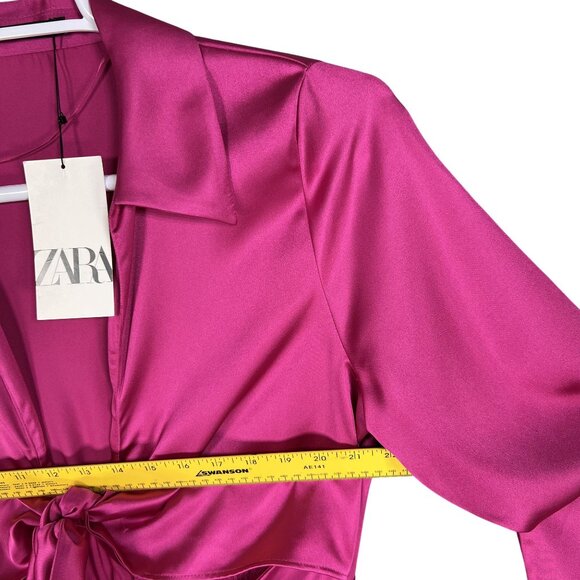 Zara XL NWT Blogger Favorite Pink Satin Cut Out Mini Dress Bell Sleeves Coquette - Picture 9 of 16